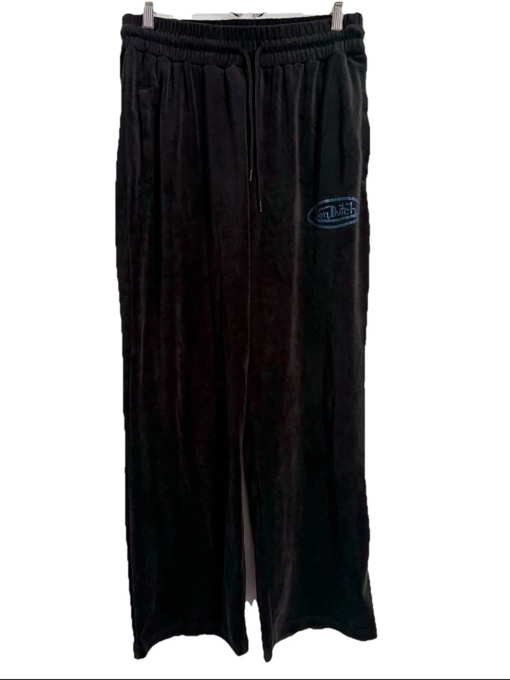 Von Dutch Womens Black Velour Track Pants Wide Legs Drawstring Large Y2K Retro